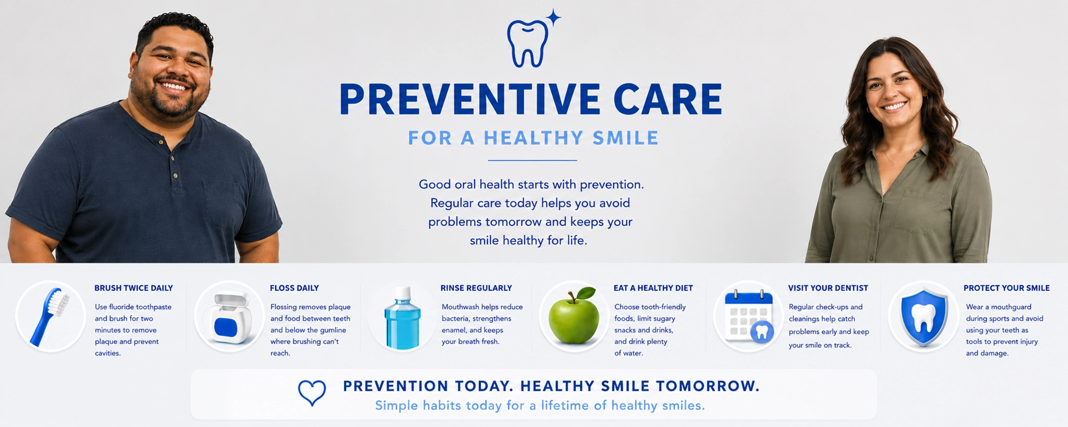Preventive dental care infographic featuring smiling adults and oral health tips including brushing, flossing, mouthwash, healthy eating, routine dental checkups, and smile protection.