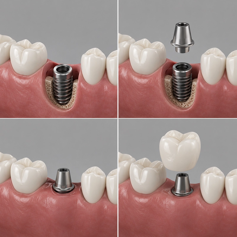 3D illustration showing the step-by-step dental implant restoration process including implant placement, abutment attachment, and final dental crown restoration.
