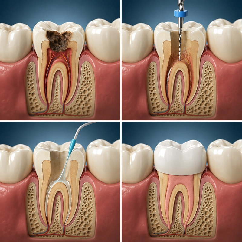 3D illustration showing step-by-step root canal therapy procedure with tooth decay removal, canal cleaning, filling, and dental crown restoration.