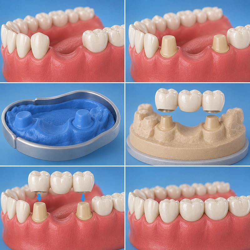 3D dental illustration showing the six-step process of getting a dental bridge, including missing tooth preparation, dental impressions, bridge creation, and final placement.