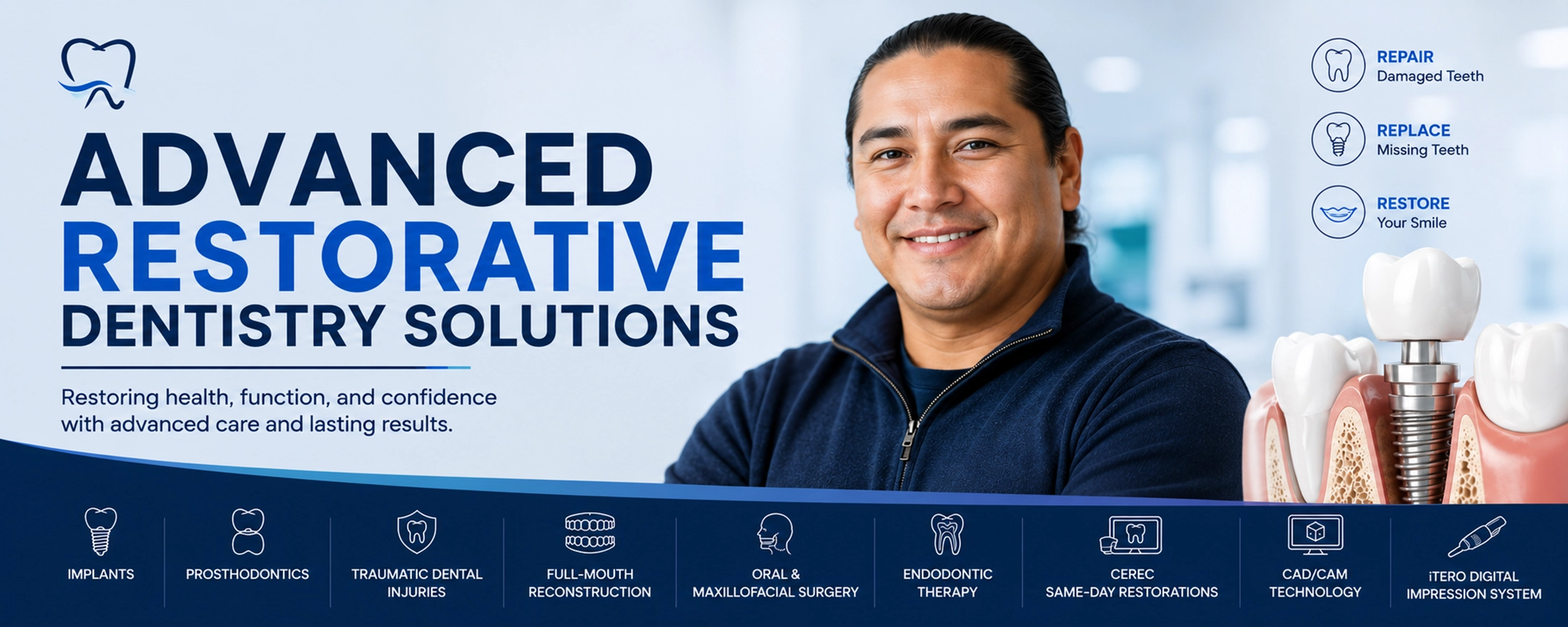 Advanced Restorative Dentistry Solutions Banner | Peosta Dental Native American male smiling in advanced restorative dentistry banner featuring dental implants, prosthodontics, full-mouth reconstruction, CEREC restorations, and modern dental technology.