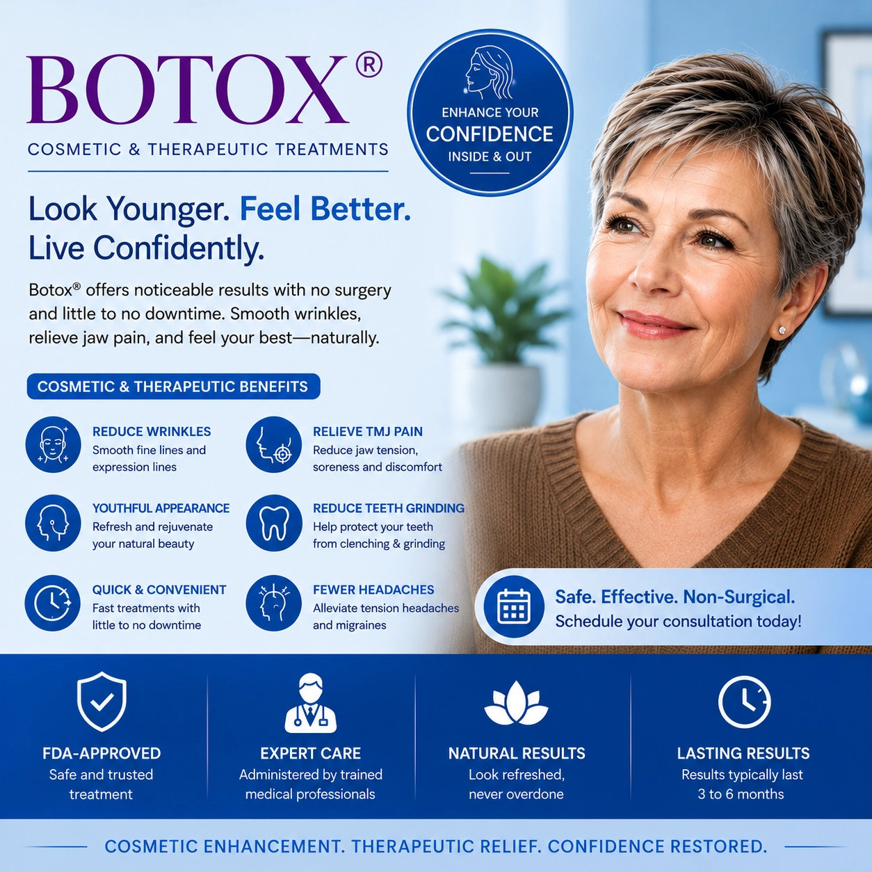 Botox® Cosmetic & Therapeutic Treatment Banner Mature woman with short gray-highlighted hair smiling after Botox® cosmetic treatment in a modern blue-themed medical spa and dental office banner