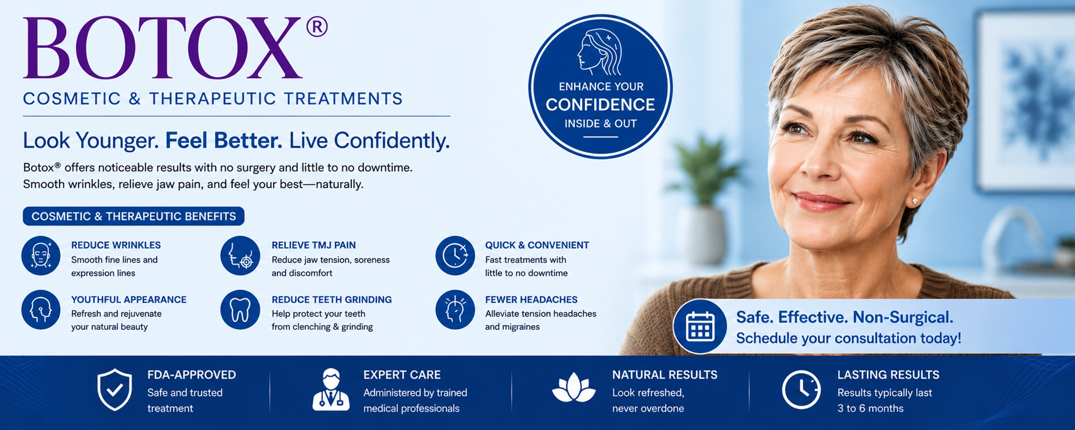 Botox® Cosmetic & Therapeutic Treatment Banner Mature woman with short gray-highlighted hair smiling after Botox® cosmetic treatment in a modern blue-themed medical spa and dental office banner