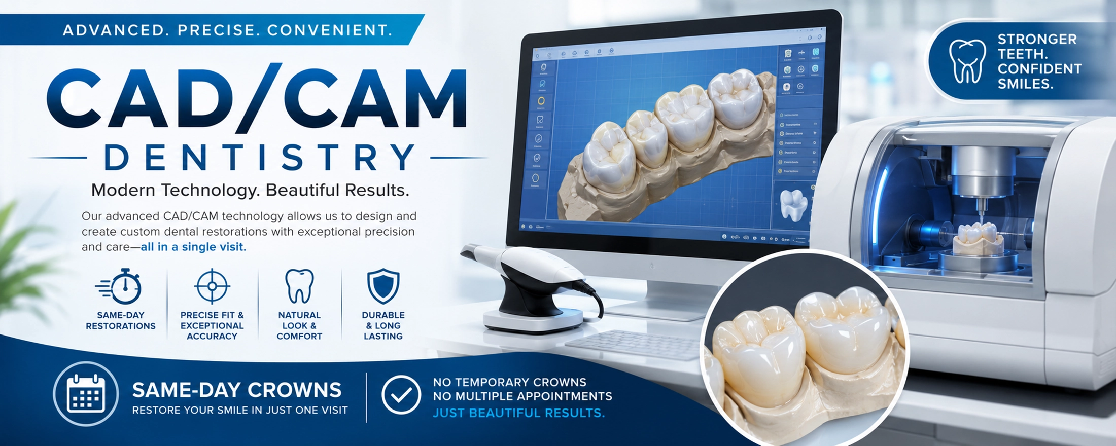 Advanced CAD/CAM Dentistry Technology for Same-Day Crowns Modern CAD/CAM dentistry system creating same-day dental crowns with digital scanning and precision milling technology in a contemporary dental office.