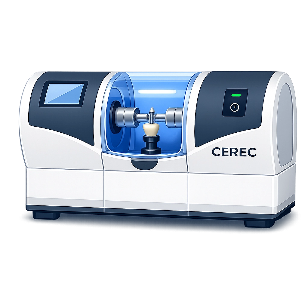 Transparent icon of a CEREC dental milling machine used for same-day ceramic crowns and digital dental restorations.
