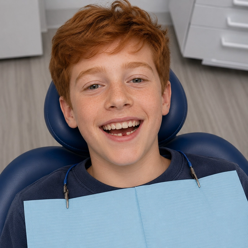Smiling red-haired boy in dental chair after routine tooth extraction during a pediatric dental visit.