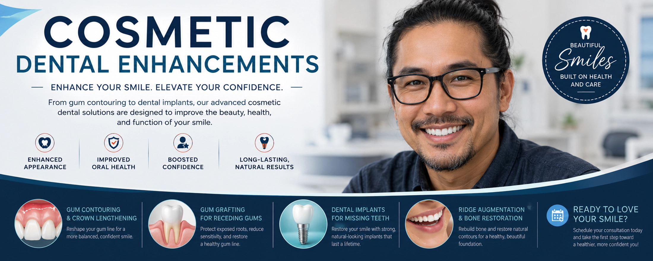 Filipino male patient with glasses and a man bun smiling after cosmetic dental enhancement treatment in a modern dental office