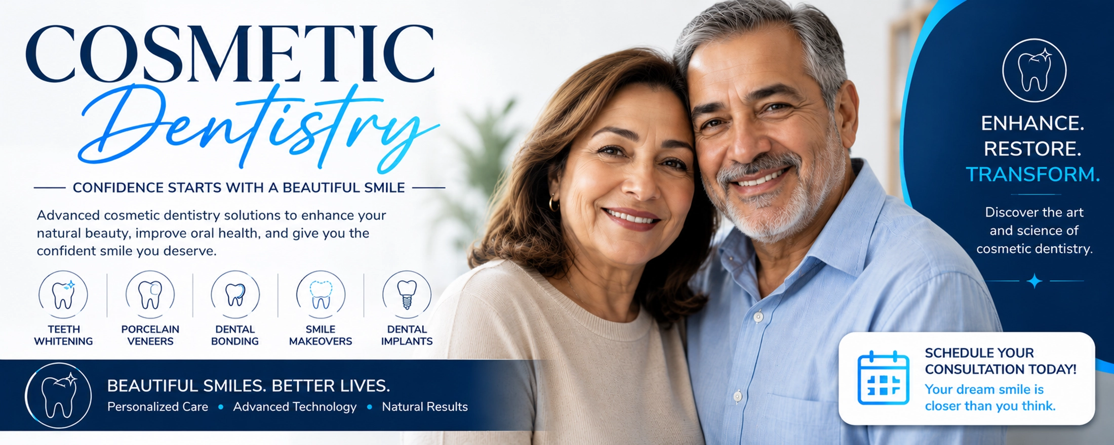 Middle Eastern senior couple smiling after cosmetic dentistry smile makeover treatment