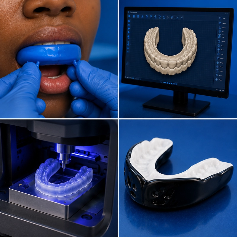Step-by-step custom dentist-made sports mouthguard process showing dental impression, digital 3D model, fabrication, and finished athletic mouthguard on a blue background.