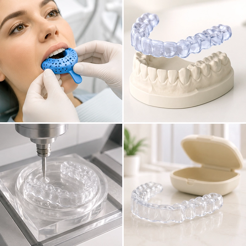 3D illustration showing the step-by-step process of creating a custom night guard for bruxism at a modern dental office, including dental impressions, digital fabrication, and the finished clear nightguard.