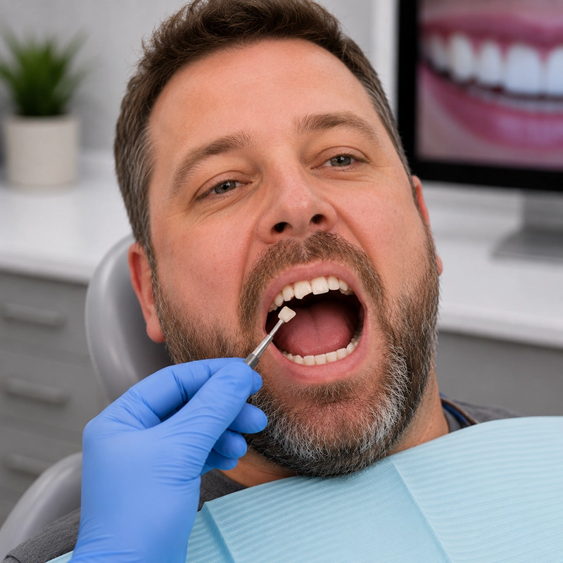 Middle-aged bearded man receiving dental bonding treatment for a chipped tooth in a modern dental office.