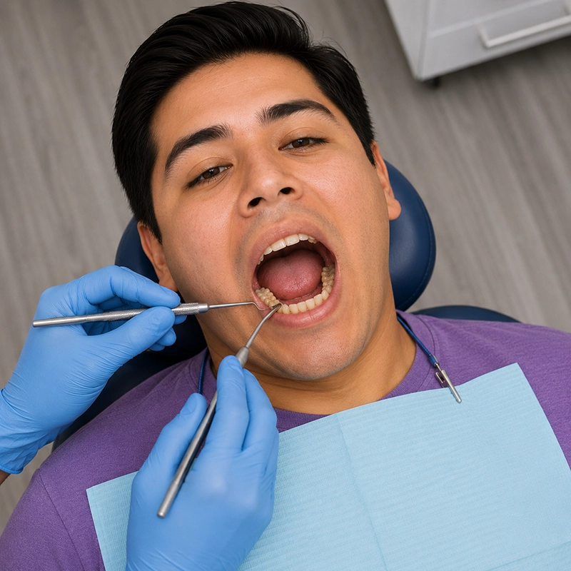Young Hispanic man receiving a tooth-colored dental filling on a lower molar during a modern dental procedure.