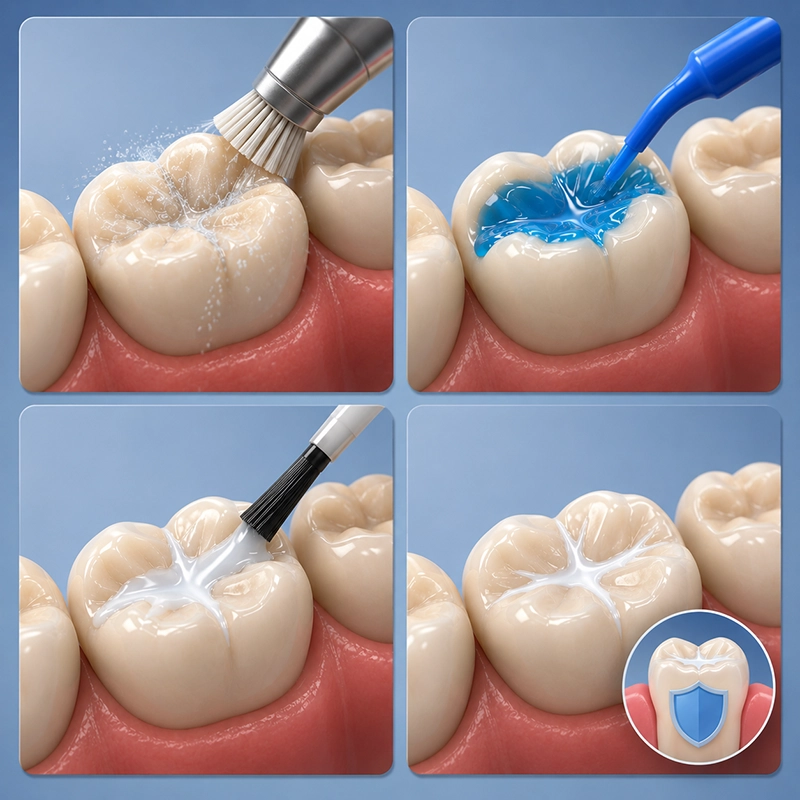 3D illustration showing the step-by-step dental sealant procedure on molar teeth including cleaning, etching, sealant application, and final protective coating.