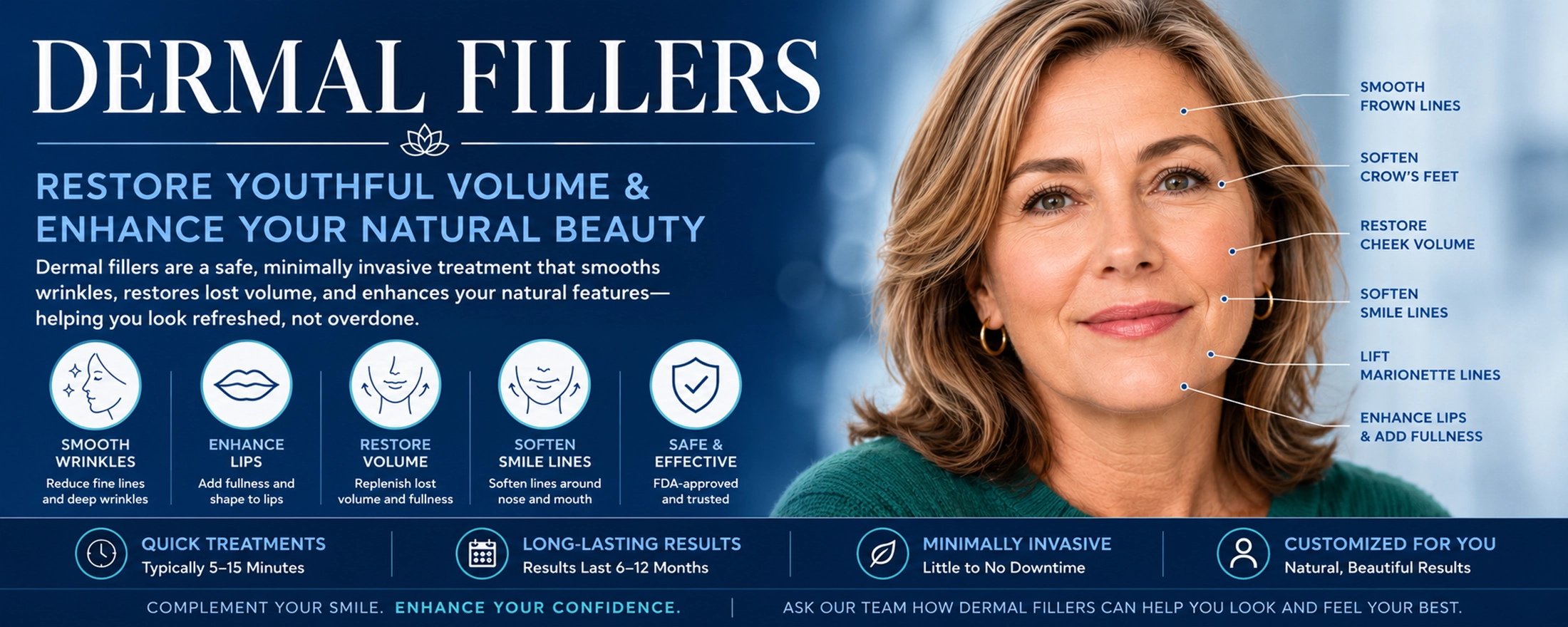 Woman receiving dermal filler consultation showing wrinkle reduction and facial volume restoration treatment areas