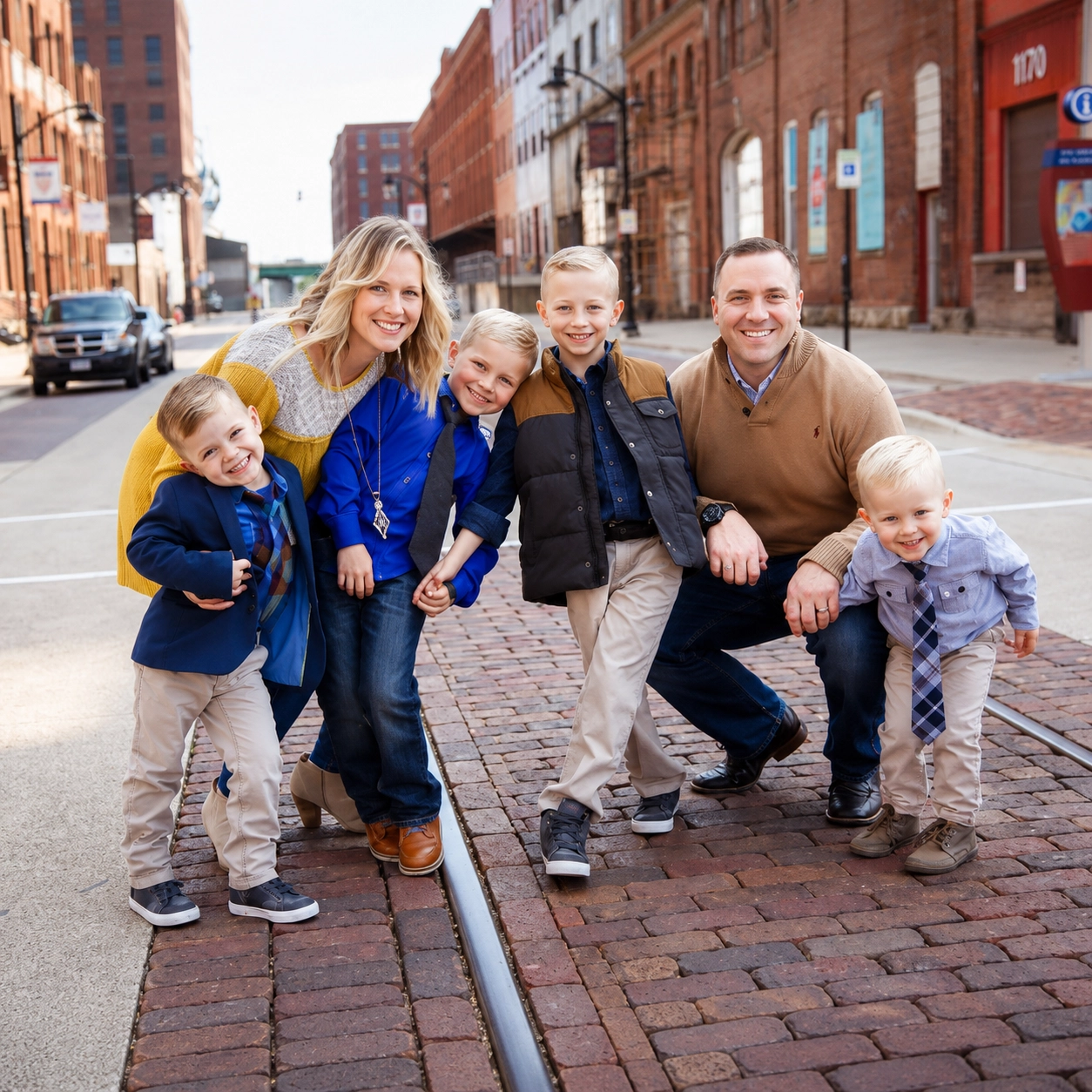 Dr. Austin Reed Family Photo | Peosta Dental Family Dentistry Dr. Austin Reed and his family smiling together outdoors in downtown Dubuque, Iowa.
