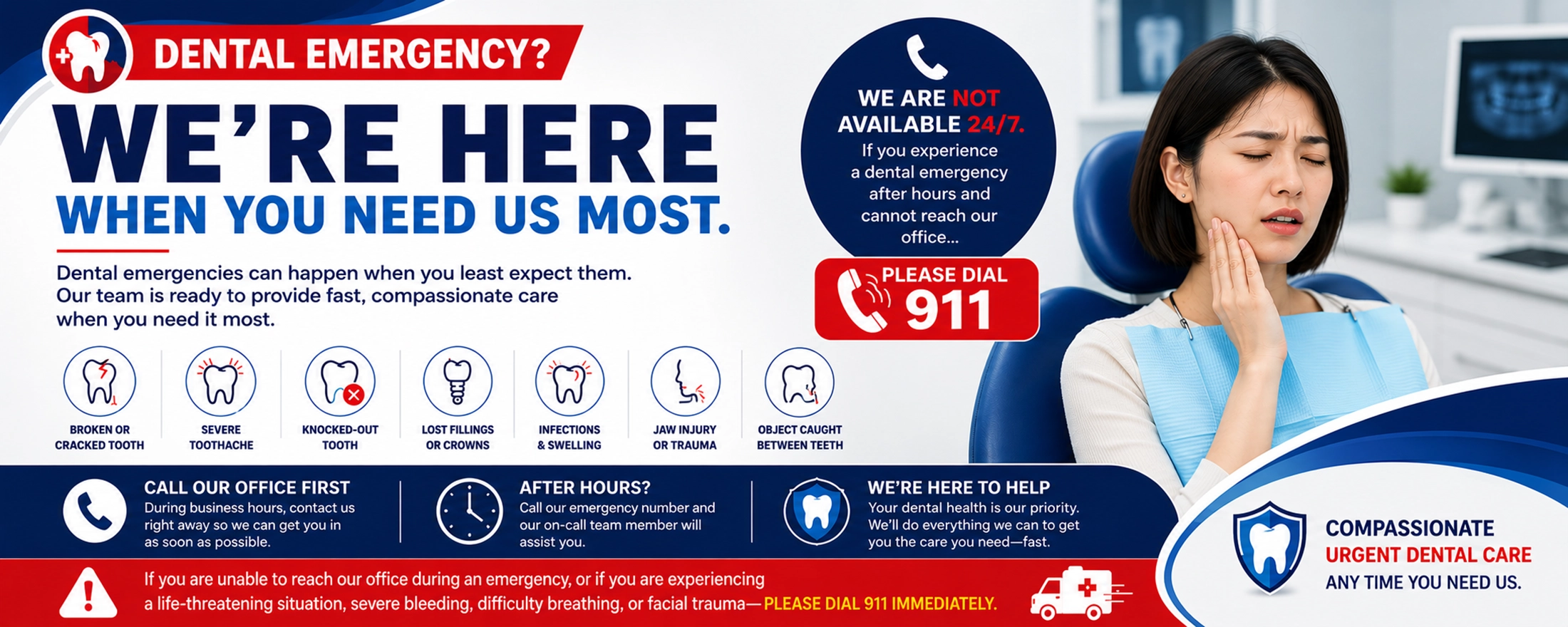 Emergency Dental Care Banner | Same-Day Emergency Dentist Services Chinese woman in her 20s experiencing severe tooth pain during an emergency dental visit with emergency dental care information banner