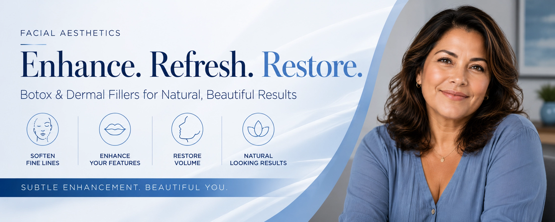 Facial Aesthetics Botox and Dermal Fillers Banner Woman with smooth natural skin representing facial aesthetics, Botox, and dermal filler treatments in Peosta, IA