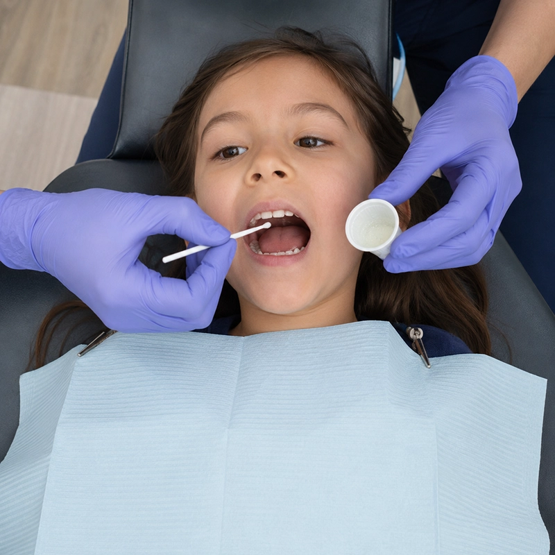 Young female child receiving fluoride treatment during a pediatric dental visit while lying in a dental chair with a dental bib and dentist applying fluoride varnish.