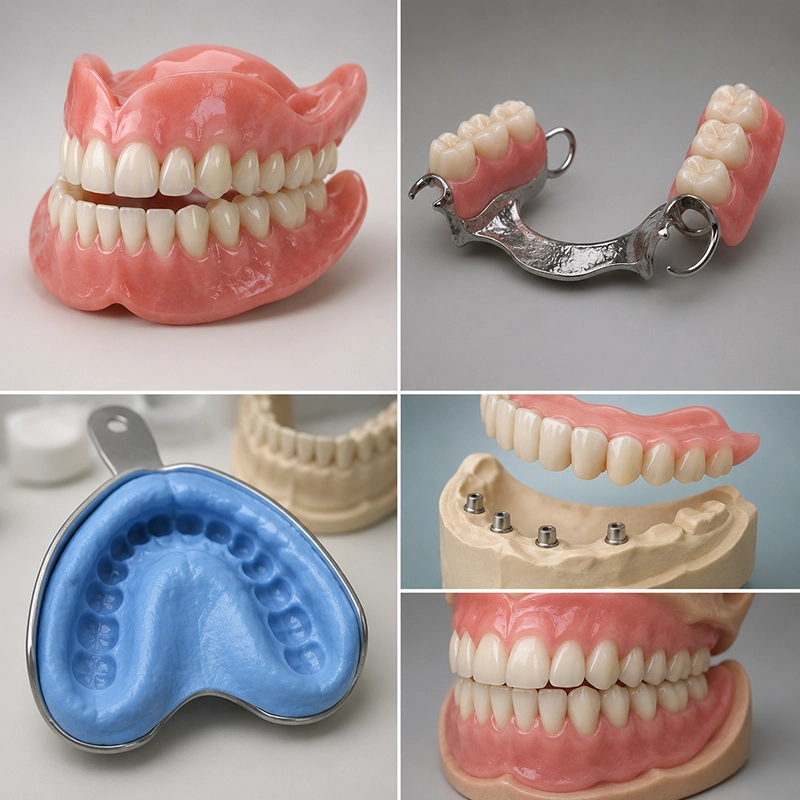 3D illustration collage showing full dentures, partial dentures, dental impressions, implant-supported dentures, and the denture fitting process in a modern dental setting.
