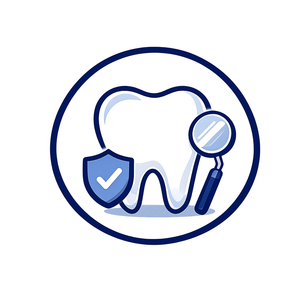 General dentistry icon featuring a tooth with a dental mirror and protective shield representing preventive dental care, examinations, and comprehensive oral health services.
