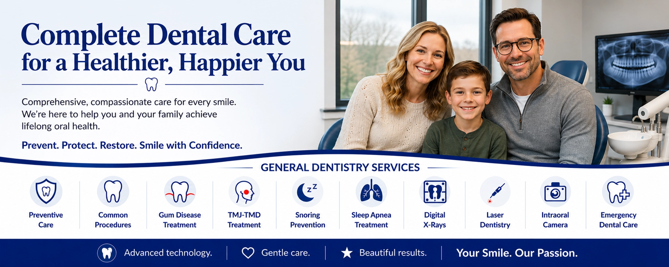 General dentistry services banner featuring a smiling Midwestern family in a modern dental office with preventive care, TMJ-TMD treatment, digital X-rays, laser dentistry, sleep apnea treatment, and emergency dental care services.