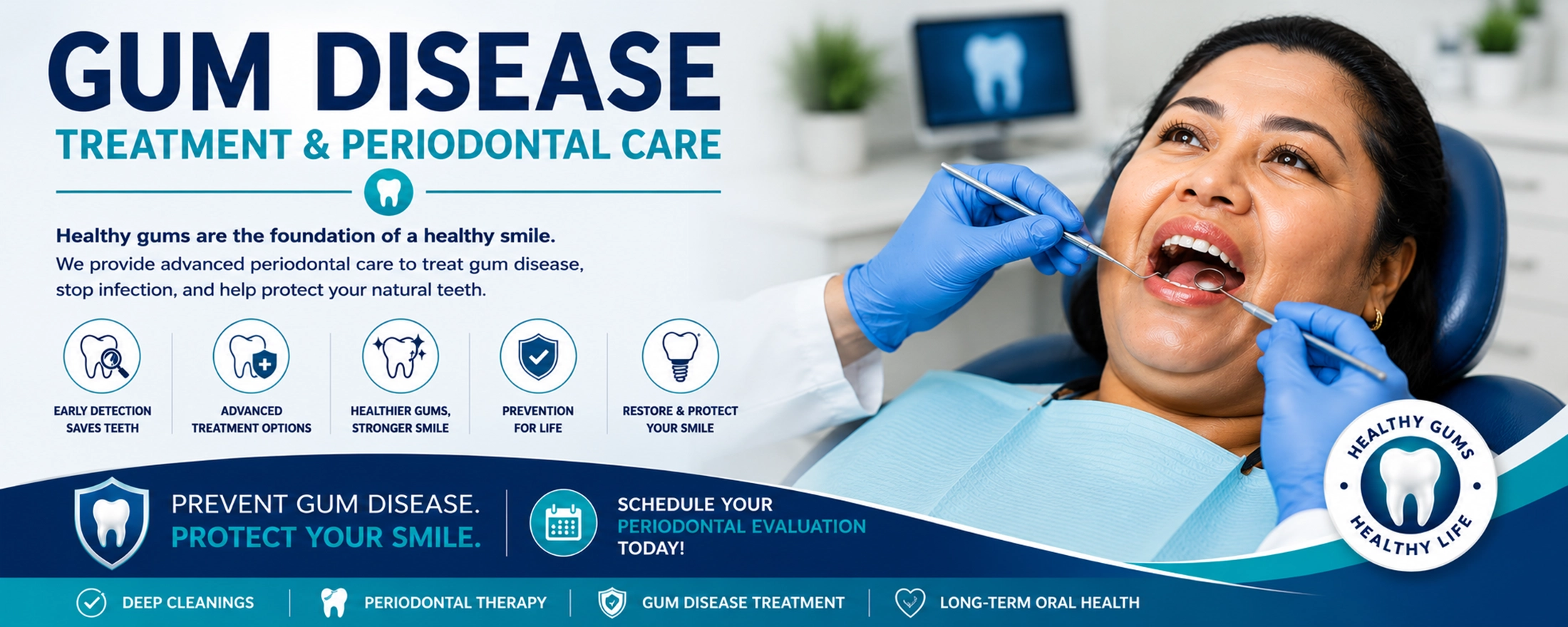 Gum Disease Treatment & Periodontal Care Banner Marshallese woman receiving a gum disease examination and periodontal treatment during a professional dental checkup