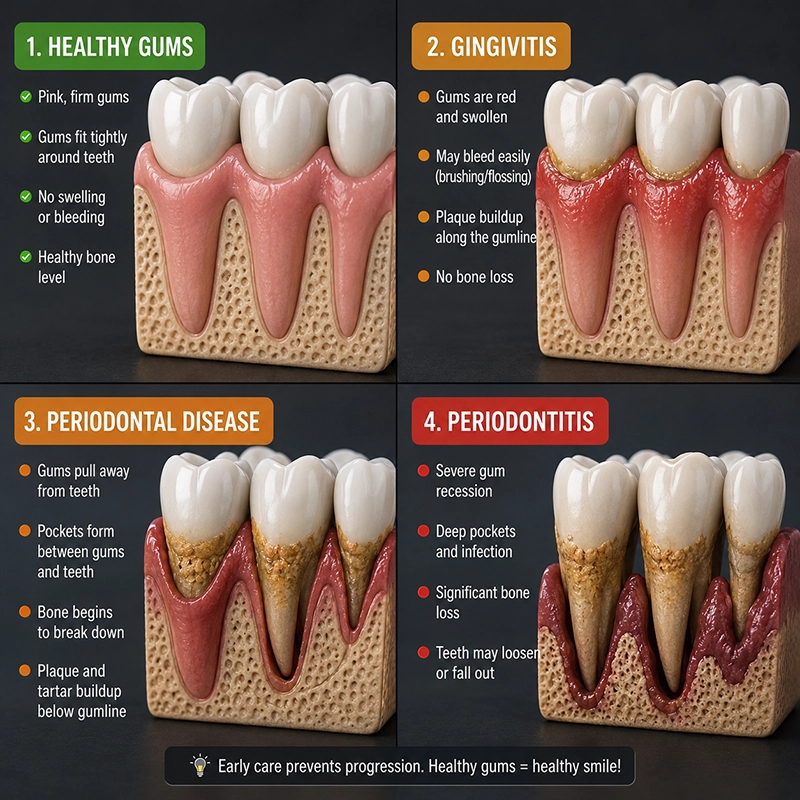 Healthy Gums vs Gingivitis vs Periodontal Disease vs Periodontitis 3D Dental Illustration 3D dental illustration showing healthy gums, gingivitis, periodontal disease, and periodontitis with progressive gum inflammation, recession, plaque buildup, and bone loss around teeth.