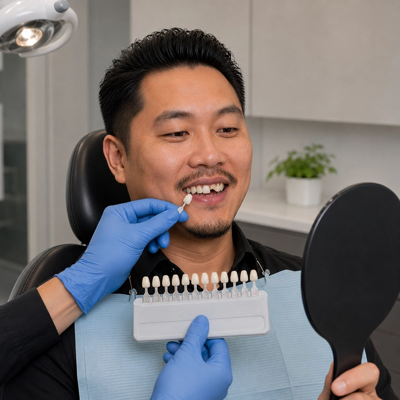 Hmong man in his 30s getting fitted for porcelain veneers during a cosmetic dental consultation in a modern dental office with blue gloves and light blue dental bib.