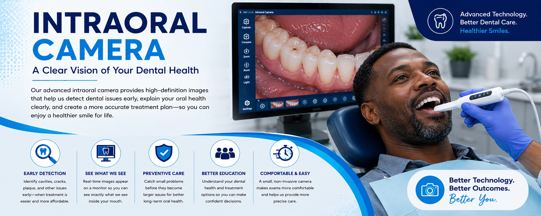 Black male patient receiving an intraoral camera dental exam while a monitor displays a small cavity on a lower molar tooth.