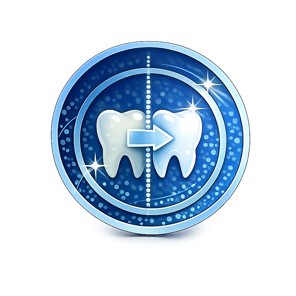 Blue Invisalign® before and after icon featuring two teeth with an arrow symbol on a transparent background.