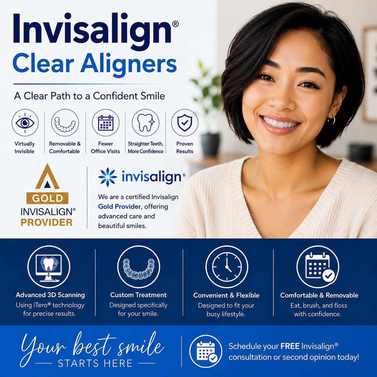 Invisalign® Clear Aligners Banner | Modern Orthodontic Treatment in Peosta, IA Smiling woman wearing Invisalign clear aligners in modern Invisalign treatment banner with blue dental-themed design
