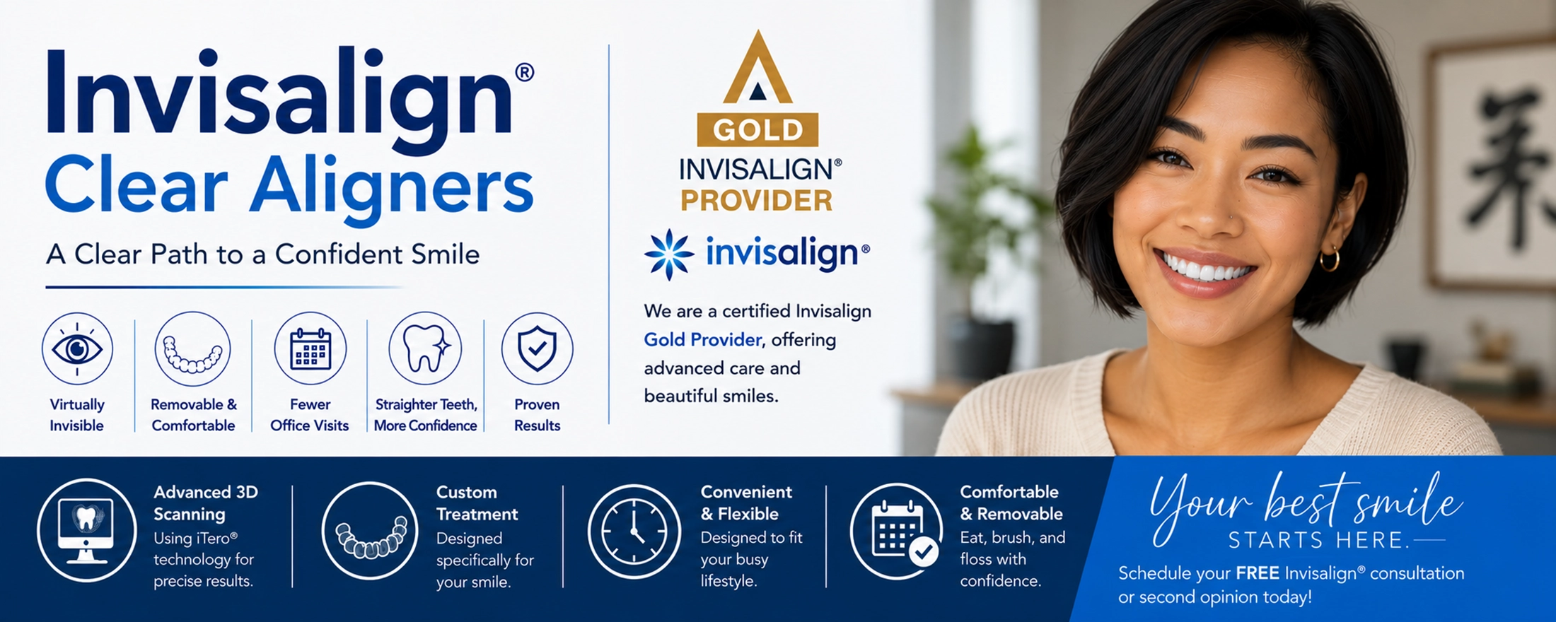 Invisalign® Clear Aligners Banner | Modern Orthodontic Treatment in Peosta, IA Smiling woman wearing Invisalign clear aligners in modern Invisalign treatment banner with blue dental-themed design