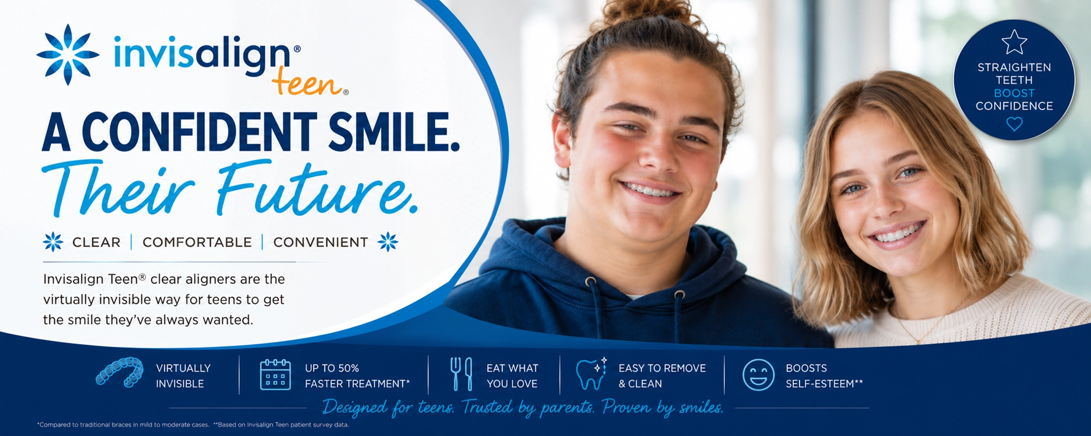 Invisalign Teen® Clear Aligners Banner | Peosta Dental Orthodontic Care Teen boy and girl wearing Invisalign Teen clear aligners smiling in a modern blue-themed orthodontic banner design