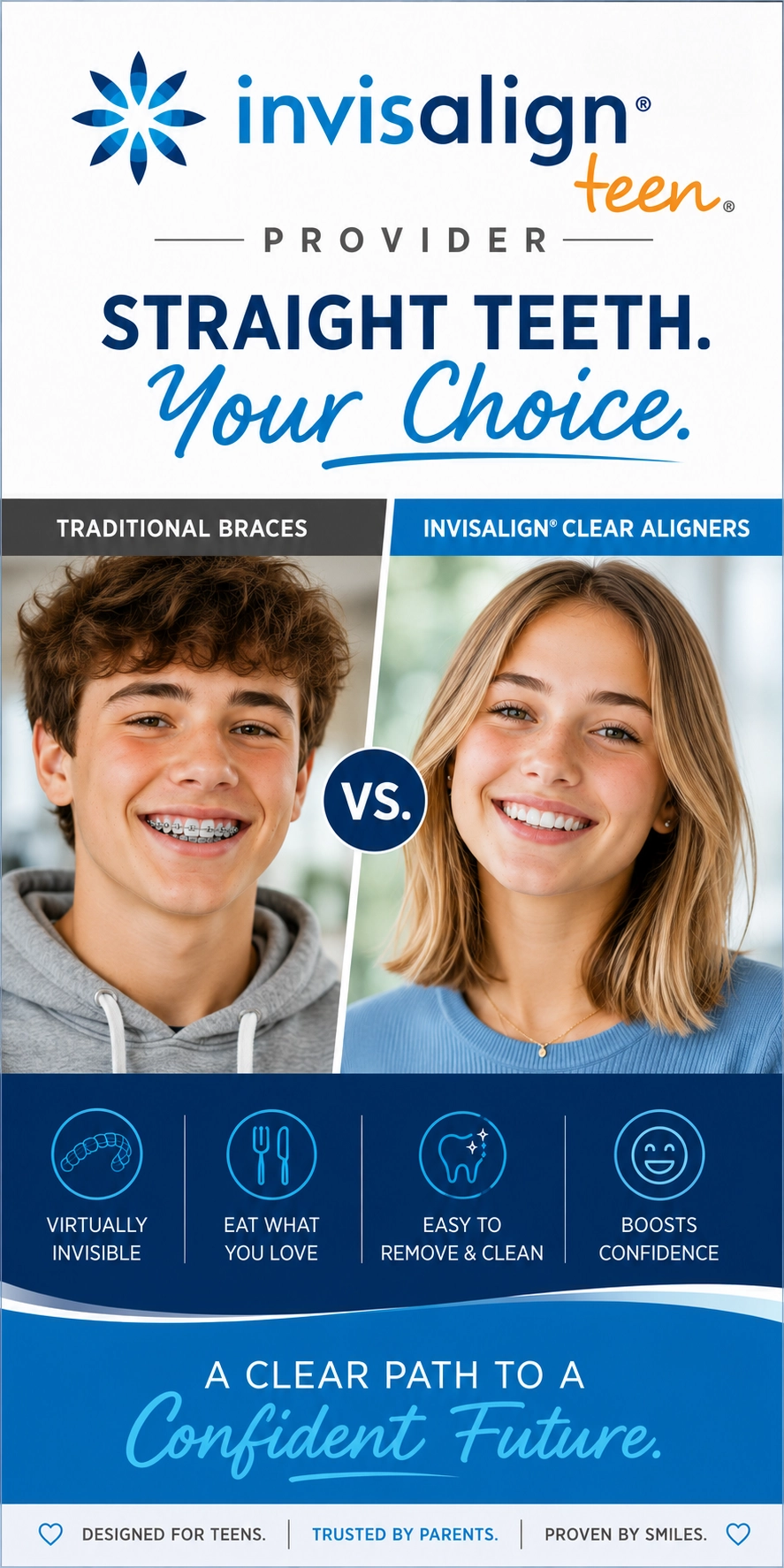 Invisalign Teen® vs Traditional Braces Banner | Clear Aligners for Teens Vertical Invisalign Teen® provider banner comparing traditional braces and clear aligners for teens