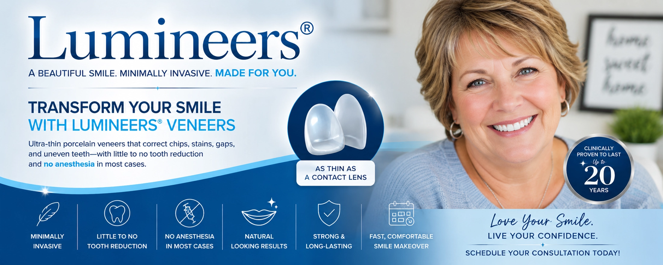Lumineers® Veneers Smile Makeover Smiling woman in her 50s after Lumineers® cosmetic dentistry treatment with natural-looking porcelain veneers