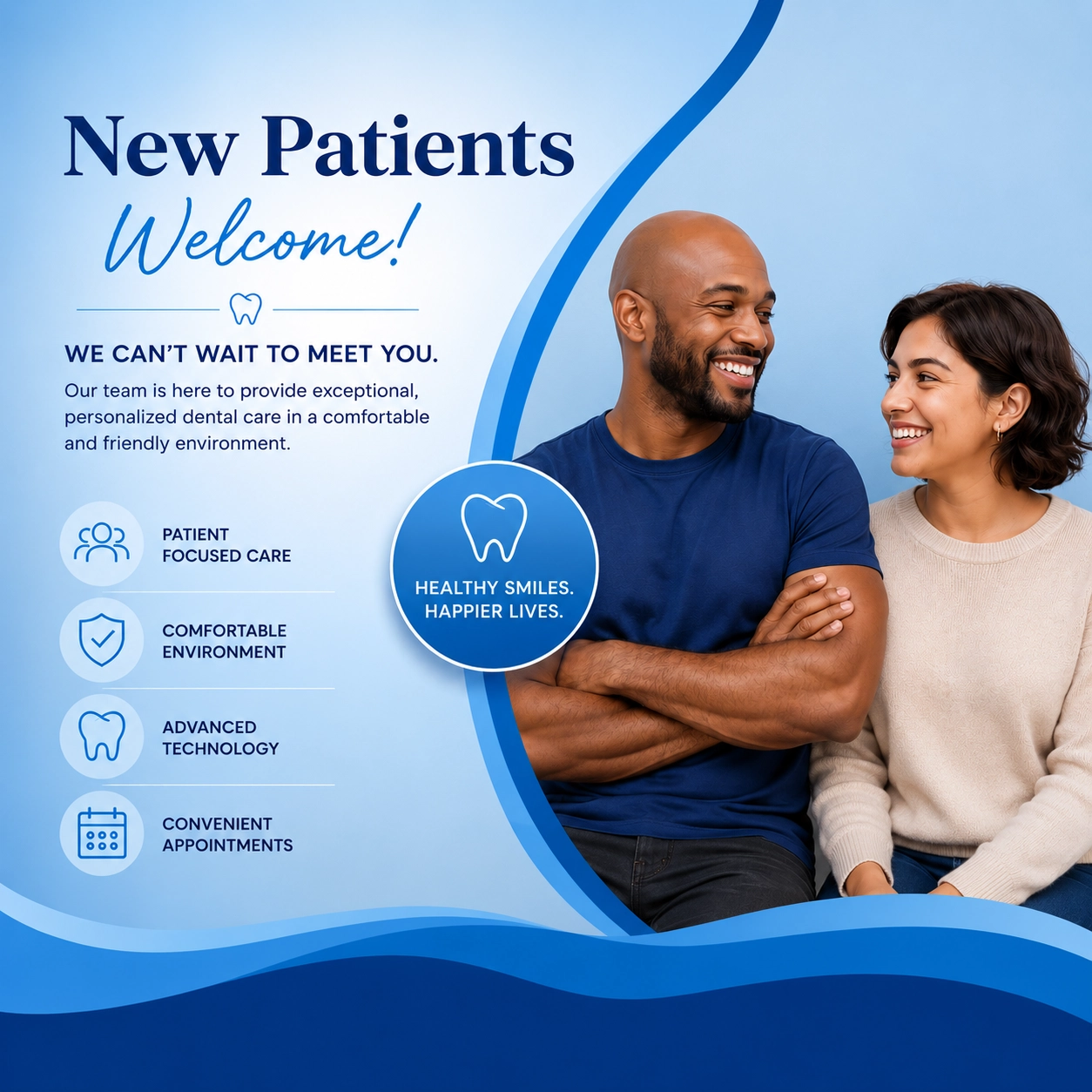 New Patients Dental Office Banner | Welcoming Family Dentistry Graphic Blue-themed new patient dental office banner featuring a smiling Black male patient in a green performance shirt and a Hispanic female patient in a pastel blouse with welcoming dental care messaging.