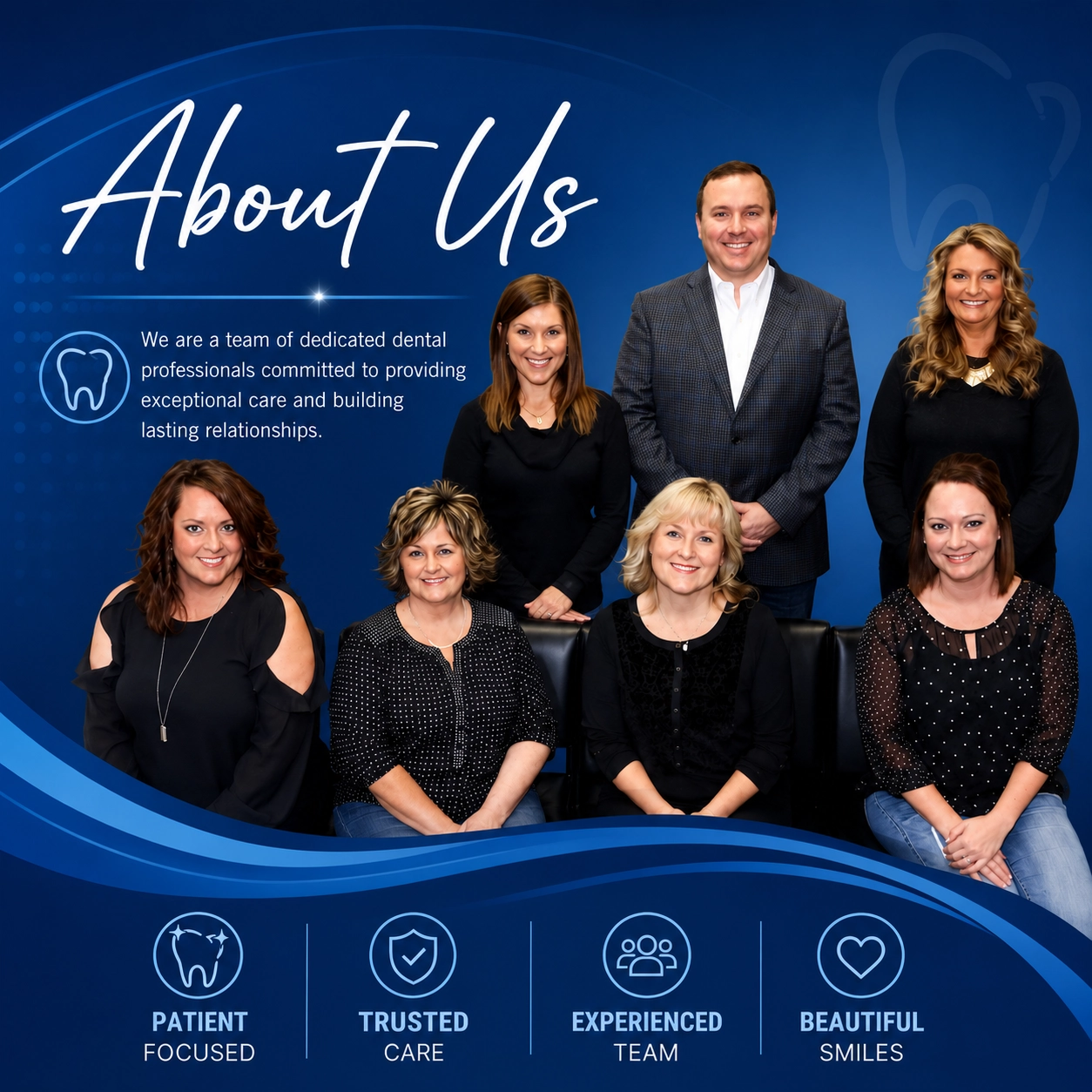 Professional dental team at Peosta Dental standing together in a blue-themed About Us website banner showcasing friendly family dental care and experienced staff.