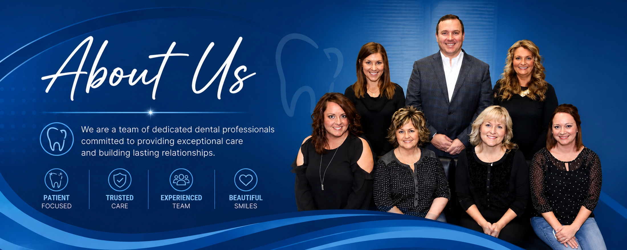Professional dental team at Peosta Dental standing together in a blue-themed About Us website banner showcasing friendly family dental care and experienced staff.