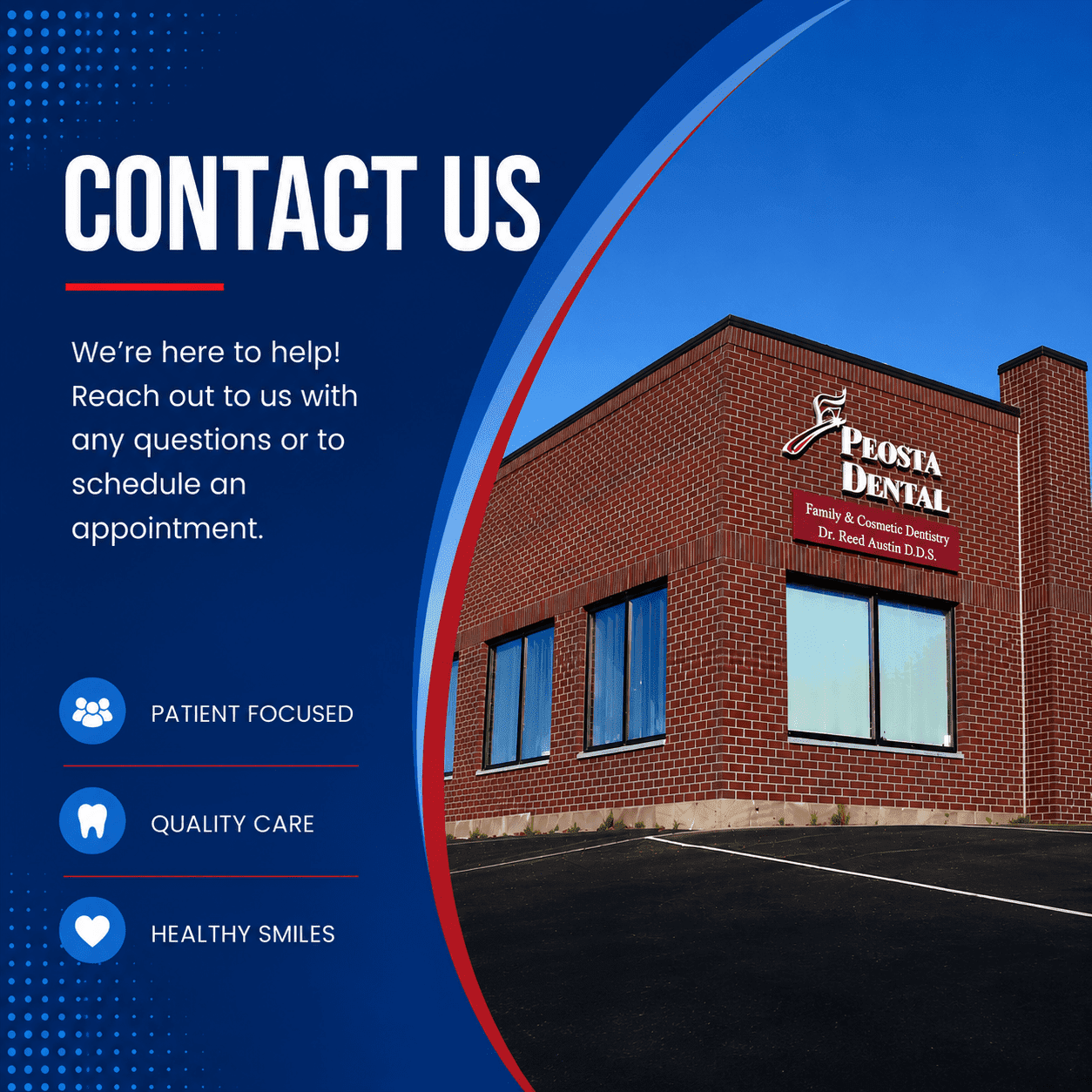 Blue-themed Peosta Dental contact banner featuring the Peosta Dental office building with signage reading “Family & Cosmetic Dentistry – Dr. Reed Austin D.D.S.” alongside modern website contact design elements.