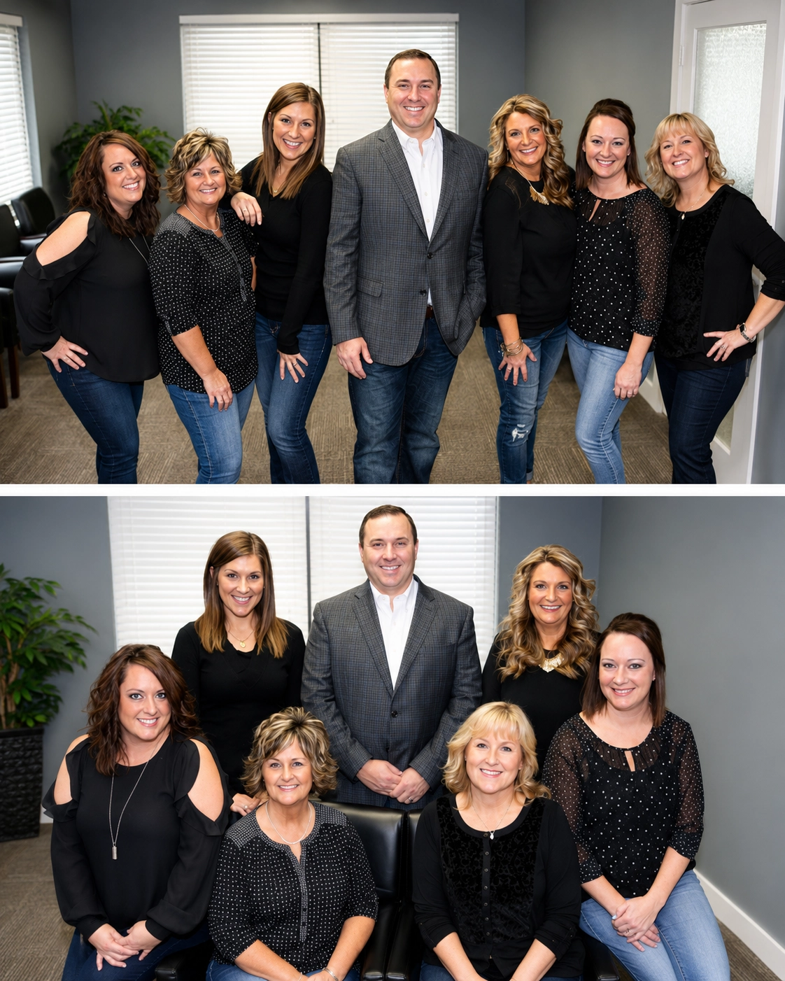 Professional group photo of the Peosta Dental team standing and seated together inside the dental office, showcasing the friendly and experienced staff dedicated to family dental care.