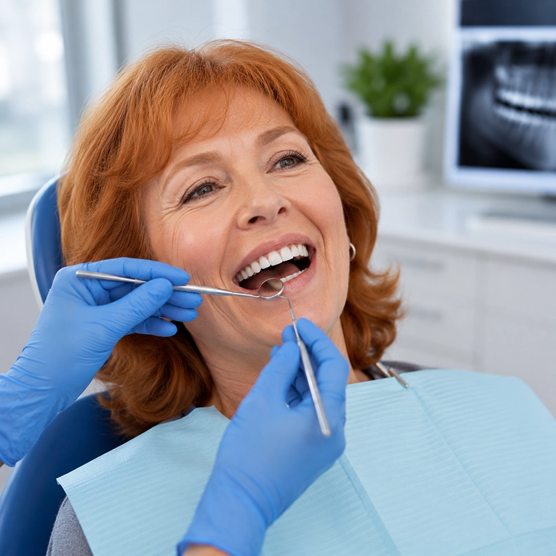 Senior ginger female patient receiving a professional dental exam and teeth cleaning from a dentist in a modern dental office.