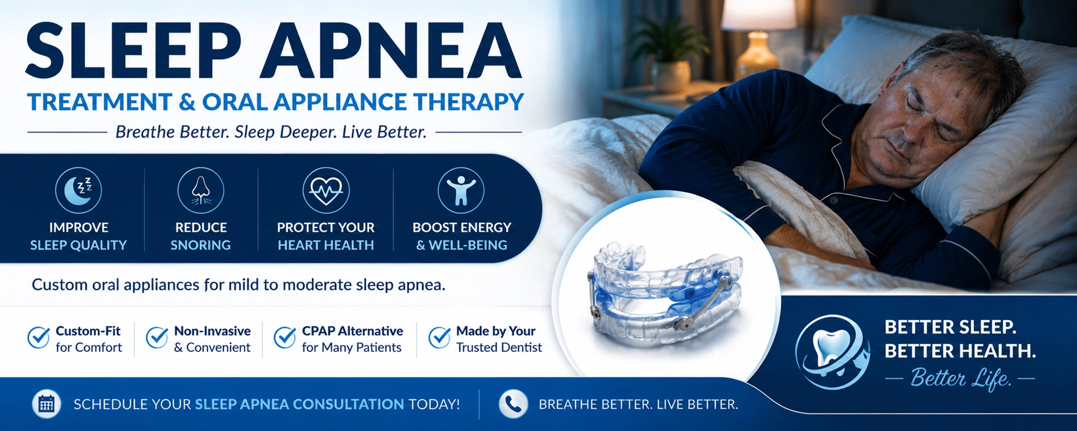 Older man sleeping comfortably in bed while promoting sleep apnea treatment and custom oral appliance therapy for improved breathing and better sleep quality.