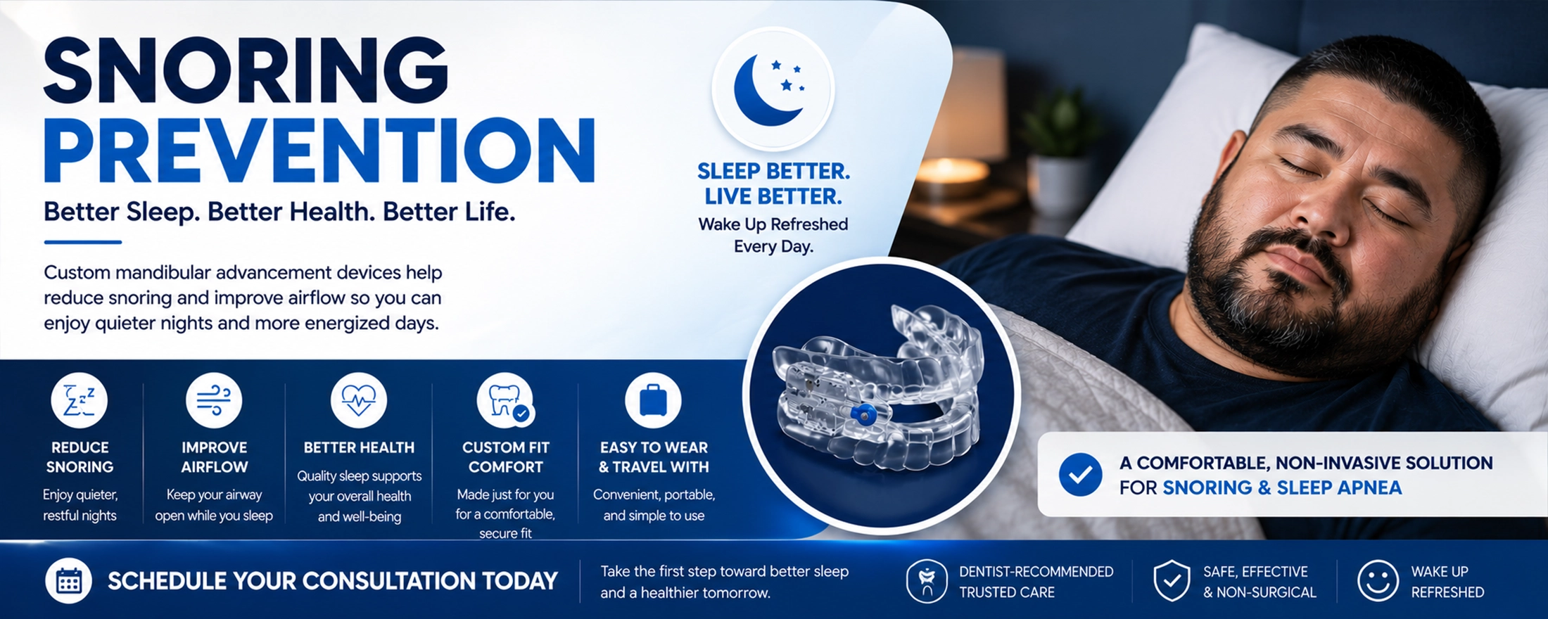 Snoring Prevention With Custom Oral Appliance Therapy Man sleeping comfortably while using a custom mandibular advancement device for snoring prevention and sleep apnea treatment