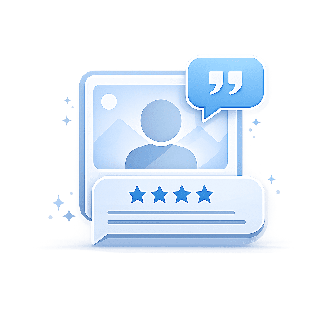 Blue Invisalign testimonial icon with patient photo placeholder and review graphics