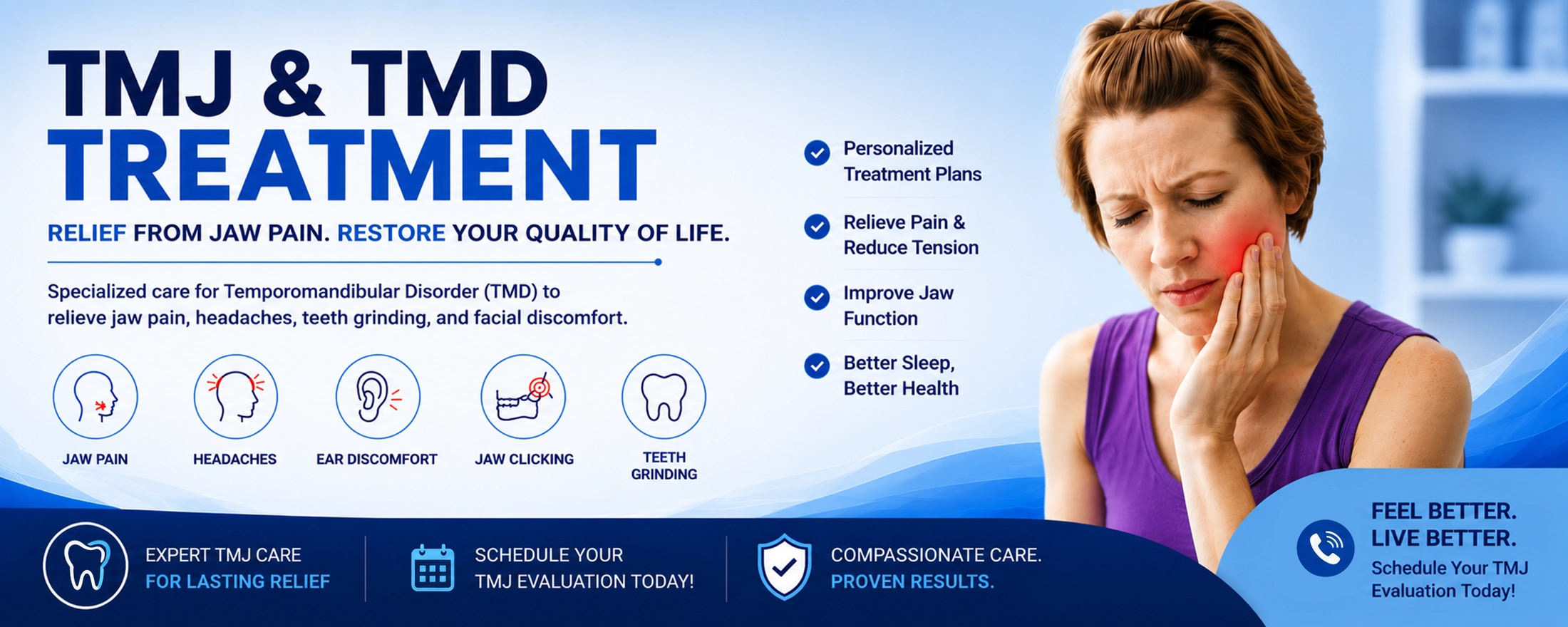 TMJ & TMD Treatment Banner – Jaw Pain Relief Dental Care Woman experiencing TMJ jaw pain during professional TMD treatment promotion banner with blue dental healthcare design