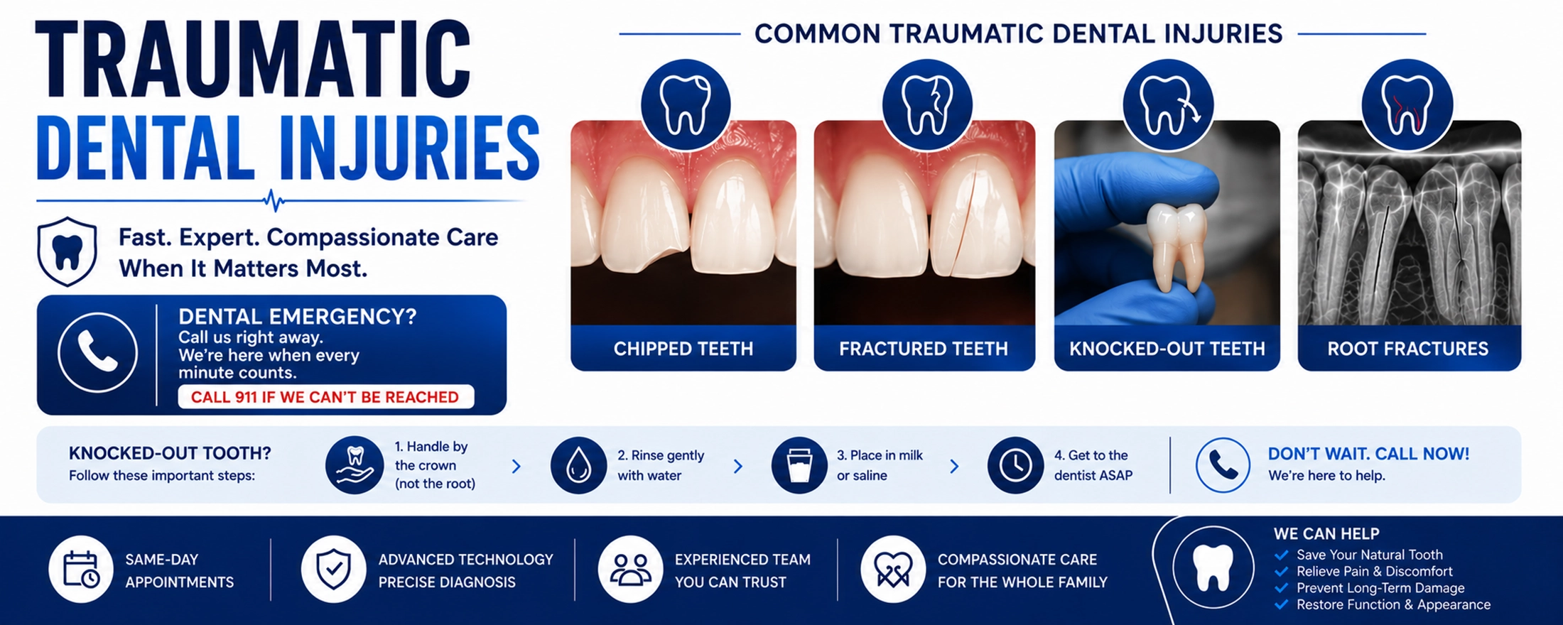 Traumatic dental injuries banner showing chipped teeth, fractured teeth, knocked-out teeth, and root fractures with emergency dental care information