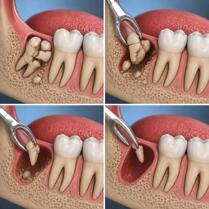 3D illustration of a wisdom tooth extraction procedure showing the impacted tooth breaking into pieces and being surgically removed step-by-step.