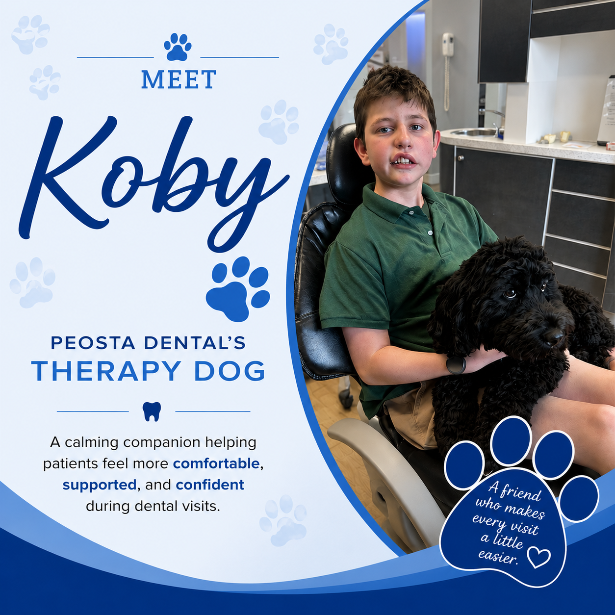 Meet Koby | Peosta Dental Therapy Dog Meet Koby, the therapy dog at Peosta Dental, comforting a young patient during a dental visit in Peosta, Iowa.
