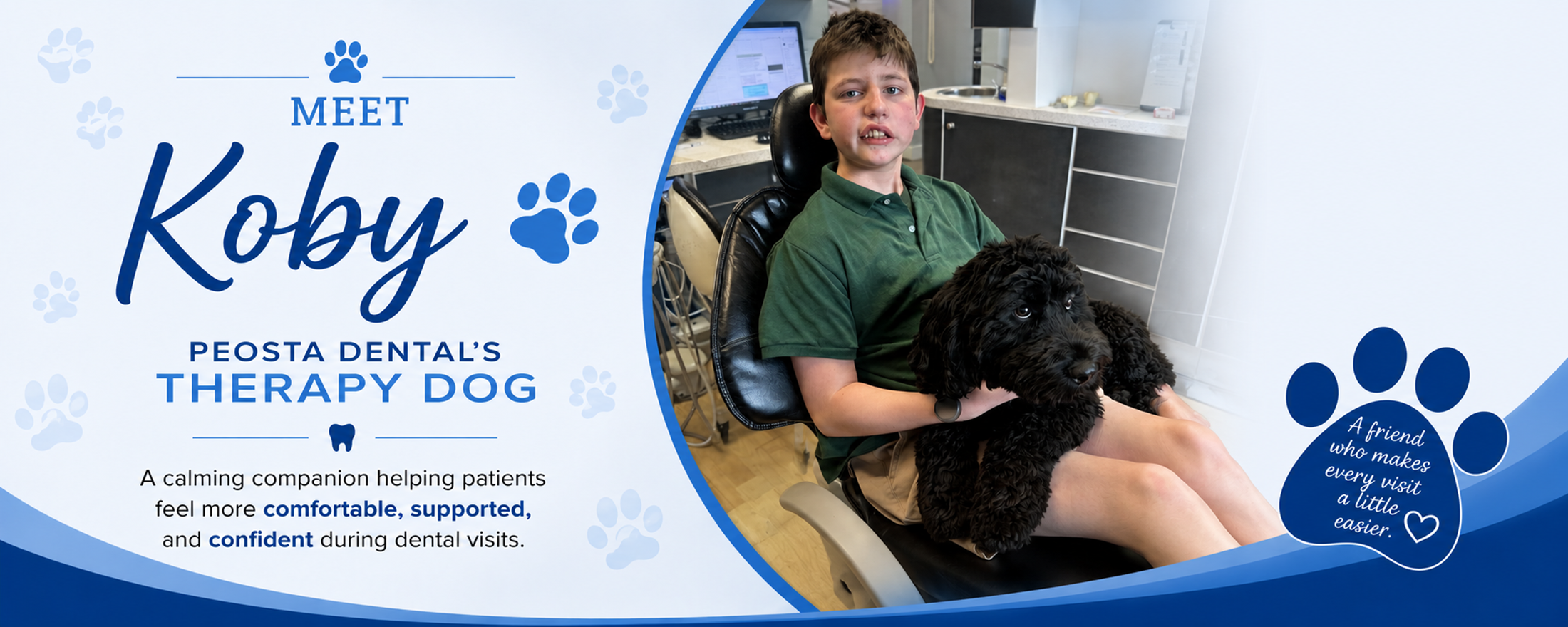 Meet Koby | Peosta Dental Therapy Dog Meet Koby, the therapy dog at Peosta Dental, comforting a young patient during a dental visit in Peosta, Iowa.