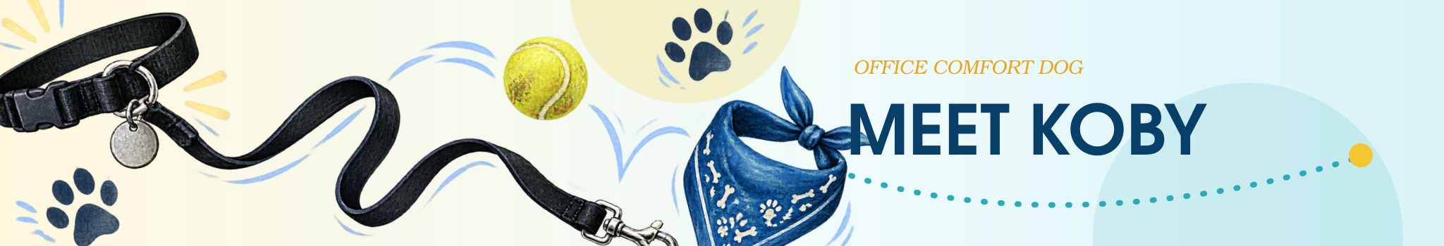 Meet Koby illustrated banner with a black collar, leash and tennis ball